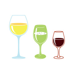 Three Wine Glasses with Yellow Green and Red Wine on White