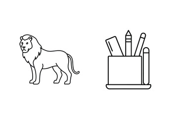 Lion standing next to desk organizer with writing tools