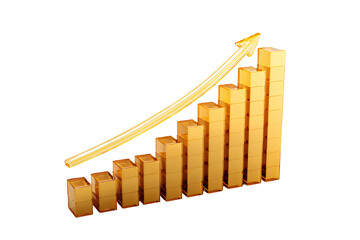 Golden bar chart with upward arrow isolated on transparent background