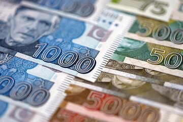 Pakistan rupees banknotes close up. The current Pakistan money bills lies on table in big amount