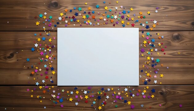a blank "report card" or "certificate" on a wooden background, surrounded by scattered, colorful confetti and small, celebratory stars. Symbolizes positive recognition and success in learning.