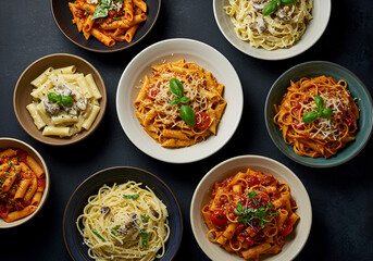Various pasta dishes arranged