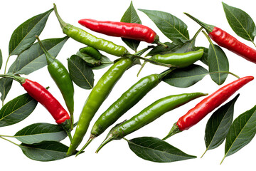 Assortment of fresh red and green chili peppers with leaves isolated on transparent background