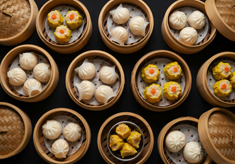Various steamed dumplings in bamboo steamers