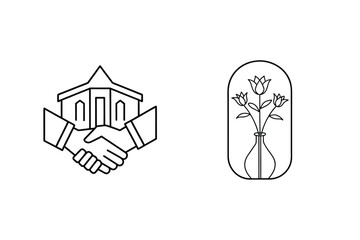 Handshake with building and flowers in vase architecture
