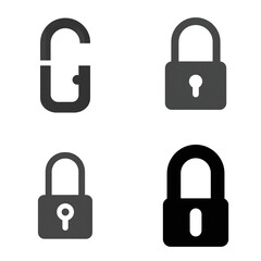 Symbolic lock icon with curved shackle and rectangular body, security icon in flat monochrome design, isolated transparent background