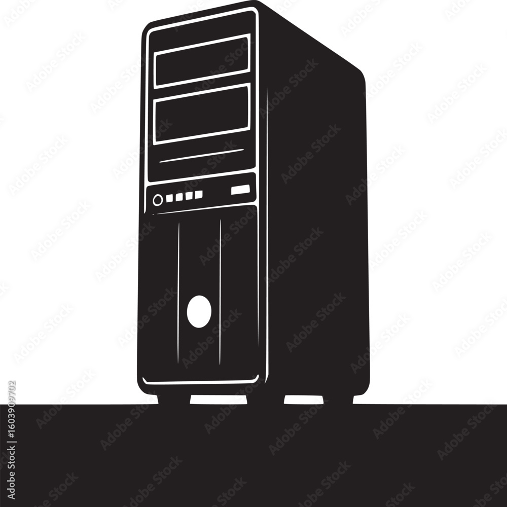 Fototapete a black and white illustration of a computer tower with a white background in simple design style