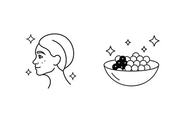 Sparkling facial profile and bowl of spheres woman