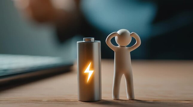 Small Figure Beside Battery with Lightning Symbol Exploring Behavioral Triggers of Energy, Motivation, and Stress Through Power and Charge