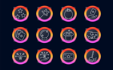 Magic show set icon. Outlined cards, stars, wands, cauldron, crystal ball, sparkles, ticket, hat inside glowing gradient circles on dark background.