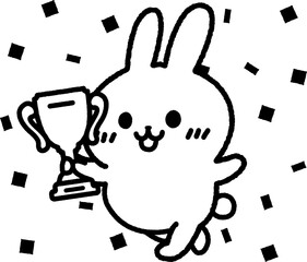 卓球の大会で優勝した、うさぎ（線画）のイラスト