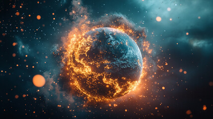 Obraz premium Burning planet engulfed in flames and cosmic dust a fiery apocalypse