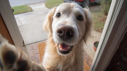 Cheerful golden retriever at the doorstep, eager for a warm greeting.