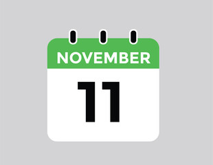 11 November, calendar date icon. 11 November Calendar Date for Deadlines or Appointment. Day, month. vector illustration.
