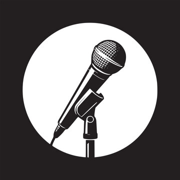 A microphone on a stand in black and white against a circular white background on a black background