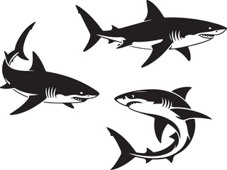 Fototapeta premium Shark Silhouette Vector Set – Side View, Top View, and Swimming Action Poses