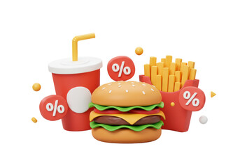 Isolated 3D Render of a Fast Food Meal with Discount Percentages