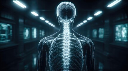 Disc bulge and nerve compression concept. An artistic representation of a human skeleton in dark space.