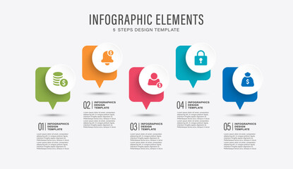 Speech bubble vector business and marketing infographic template with five steps or options for presentation slides