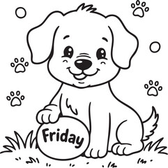Friday Puppy Coloring Page – Cute Cartoon Dog Holding Ball on Grass for Kids’ Weekday Fun, Educational Printables, Nature-Themed Activities & Artwork