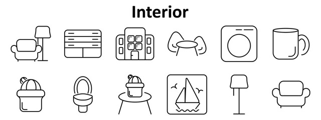 Interior set icon. Includes sofa, floor lamp, cabinet, house, dining set, washing machine, mug, cactus in pot, toilet, framed picture, decor table.
