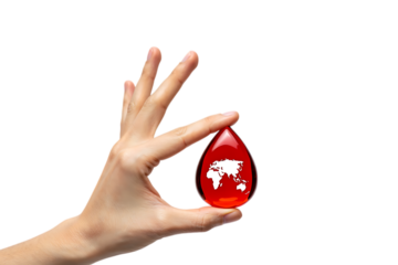 Hand holding a red blood drop with world map on transparent background