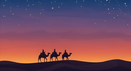 Fototapeta premium Epic scene of the Three Kings on camels, silhouetted against a vast desert at dusk. Perfect background with ample copy space