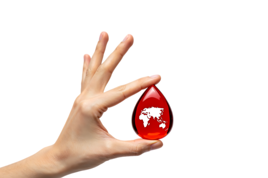 Hand holding a red blood drop with world map on transparent background