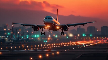 Aircraft taxiing with illuminated path at dusk under clear twilight sky