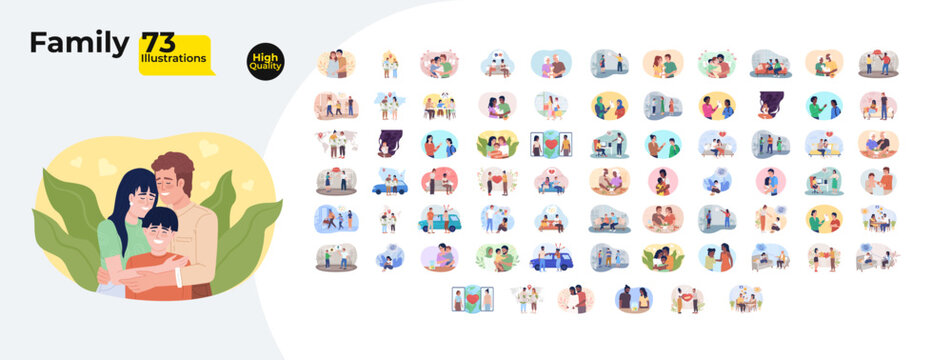 Heartwarming family moments and relationship cartoon flat illustrations mega bundle. Parenting, care, bonding, diversity, communication 2D images isolated on white. Collection vector drawings colorful