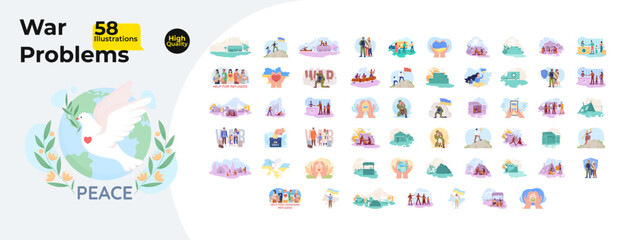 War crisis and peacebuilding efforts cartoon flat illustrations mega bundle. Ukrainian refugee support, peace advocacy, conflict zones 2D images isolated on white. Collection vector drawings colorful