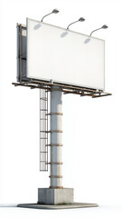 Obraz premium Realistic 3D render of blank roadside billboard with metal structure and concrete base, featuring three overhead lights. billboard is isolated on white background