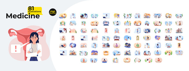 Women health and general medicine cartoon flat illustrations mega bundle. Gynecology, telemedicine, diagnostics, prescription, symptoms 2D images isolated on white. Collection vector drawings