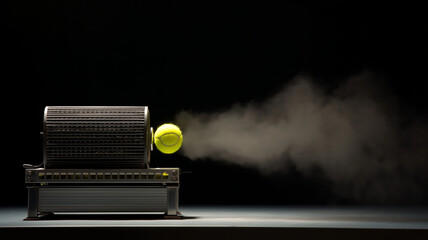 Tennis ball is being launched from machine, creating dramatic cloud of smoke against dark background. scene captures dynamic motion and energy of moment