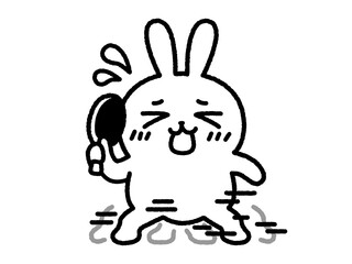 卓球でフットワーク練習をする、うさぎ（線画）のイラスト