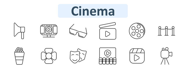 Cinema set icon. Includes clapperboard, reel, film, movie glasses, masks, spotlight, popcorn, projector screen, velvet rope, and camera on tripod.