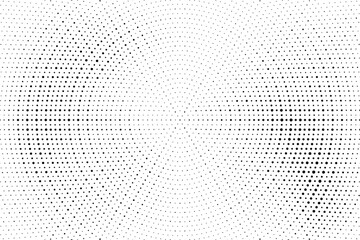 Radial halftone dots. Spotted and dotted stains gradient background. Concentric comic texture with fading effect. Black and white rough gritty wallpaper. Grunge monochrome geometric backdrop. Vector