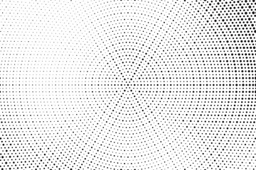 Radial halftone dots. Spotted and dotted stains gradient background. Concentric comic texture with fading effect. Black and white rough gritty wallpaper. Grunge monochrome geometric backdrop. Vector