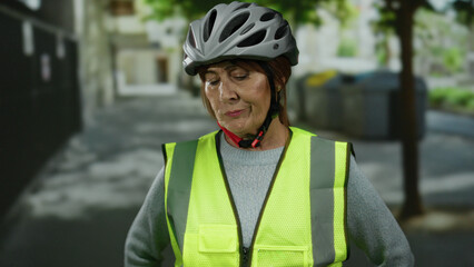 Hispanic senior woman in a helmet and reflective vest stands on a city street, eyes closed,...