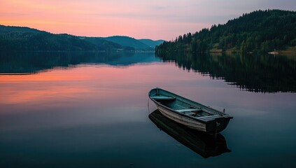 A small rowboat gently floating on the calm waters of Lake ZA, reflecting the orange glow from an enchanting sunset sky.