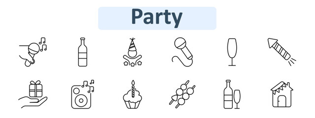 Party set icon. Black line elements depict microphone, bottle, party hat, microphone, champagne glass, firework, gift, speaker with notes, cupcake, skewers, bottle with glass,