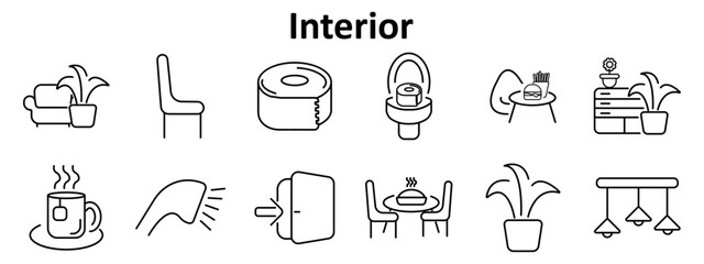 Interior set icon. Includes sofa with plant, chair, toilet paper, toilet bowl, coffee table with food, cabinet with flowerpot, tea mug, spotlight, wall switch, dining table, hanging lights.