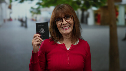Smiling woman outdoors holds a united states passport, standing on a busy city street characterized...