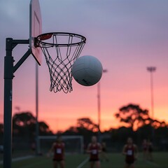 Naklejka premium a netball captured mid-air, nearing a hoop on an outdoor court at sunset, with players blurred in the background, creating a dynamic sports scene. 