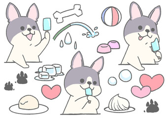 Icon set of French bulldog holding summer accessories and popsicles (pied)