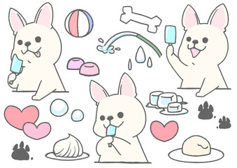 Icon set of French bulldog holding summer accessories and popsicles (white)