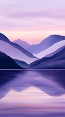 Naklejka premium Peaceful lake at dusk with purple-tinted mountains and a soft gradient sky 