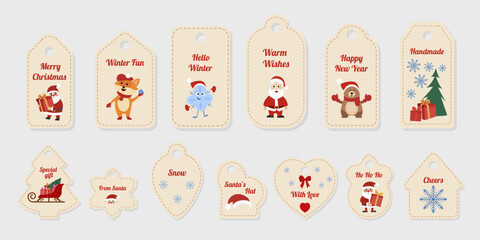 Vector set of Christmas and winter gift tags with Santa Claus, snowflakes, gifts, cartoon animals and festive lettering