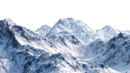 Panoramic view of a snowcapped mountain range with sharp ridges and valleys isolated on transparent background