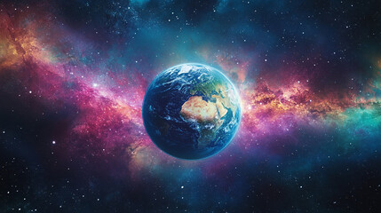 Obraz premium Earth in vibrant cosmic nebula a stunning view of our planet from space surrounded by colorful swirling gases and stars